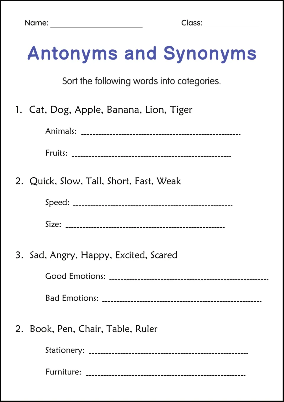 Word sorting: students sort word lists into categories such as animals and fruits, speed and size, and good or bad emotions