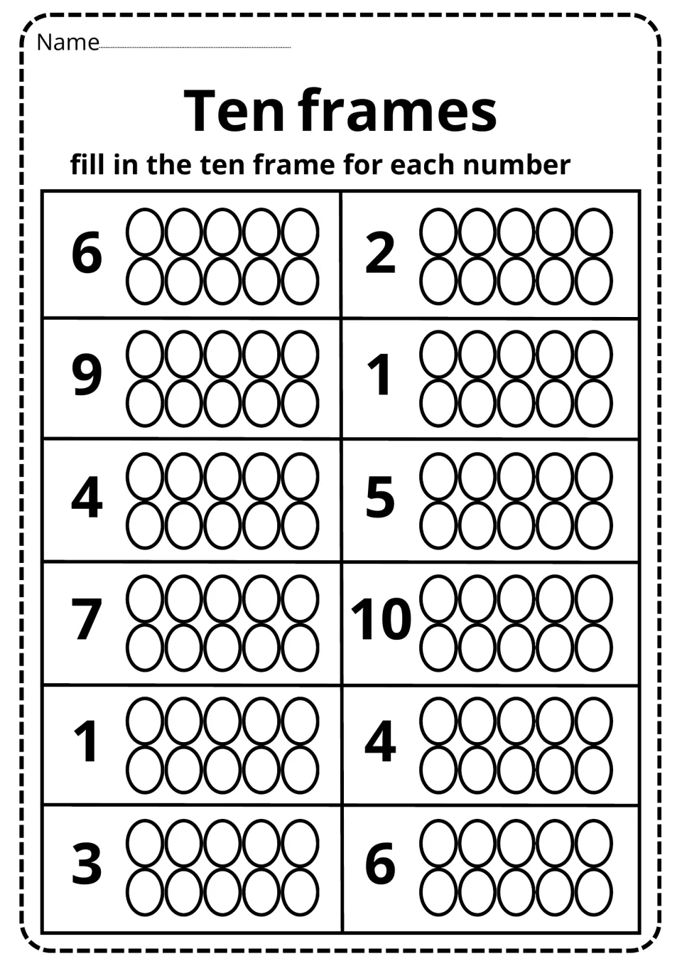 Ten frames to 10: students fill in the circles to model each number: 6, 2, 9, 1, 4, 5, 7, 10, 1, 4, 3 and 6