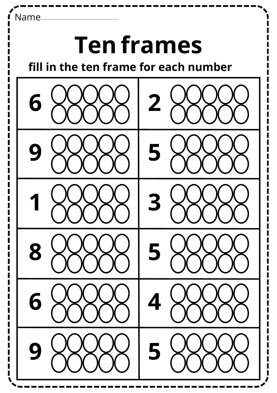 Ten frames to 10: students fill in the circles to model each number: 6, 2, 9, 5, 1, 3, 8, 5, 6, 4, 9 and 5