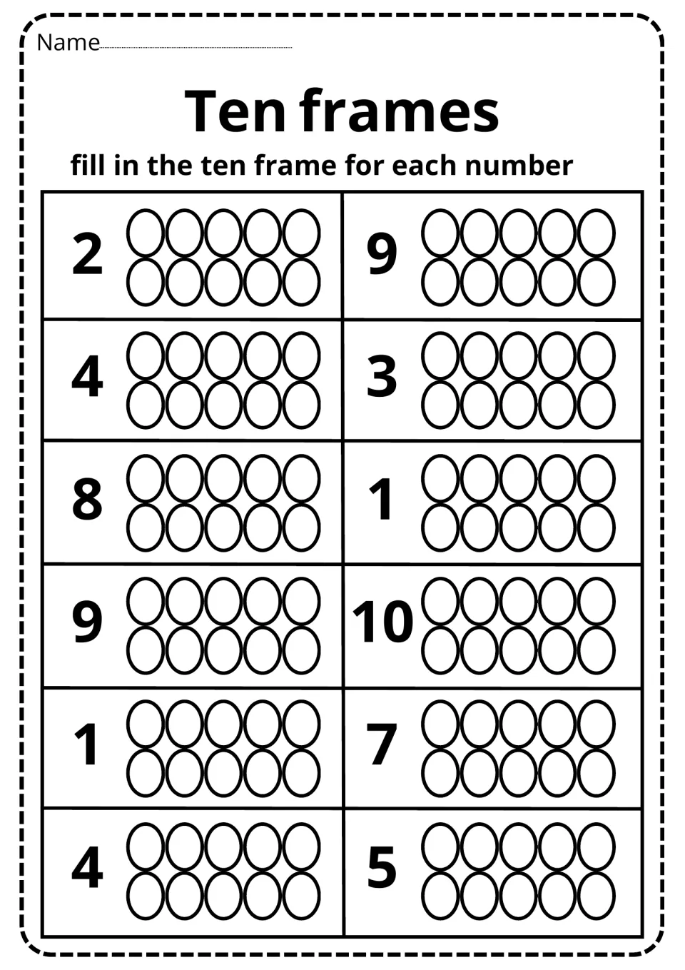 Ten frames to 10: students fill in the circles to model each number: 2, 9, 4, 3, 8, 1, 9, 10, 1, 7, 4 and 5
