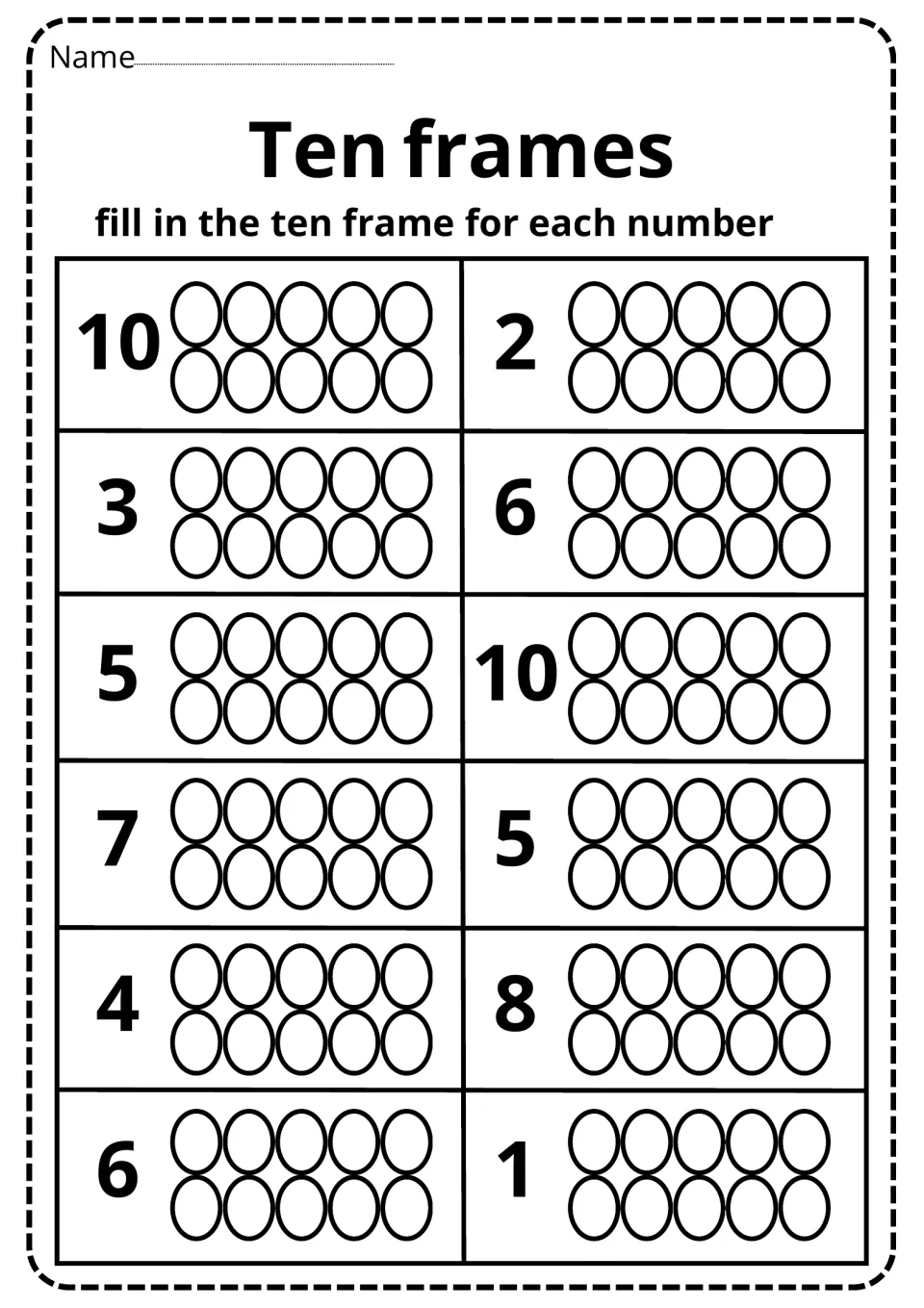 Ten frames to 10: students fill in the circles to model each number: 10, 2, 3, 6, 5, 10, 7, 5, 4, 8, 6 and 1