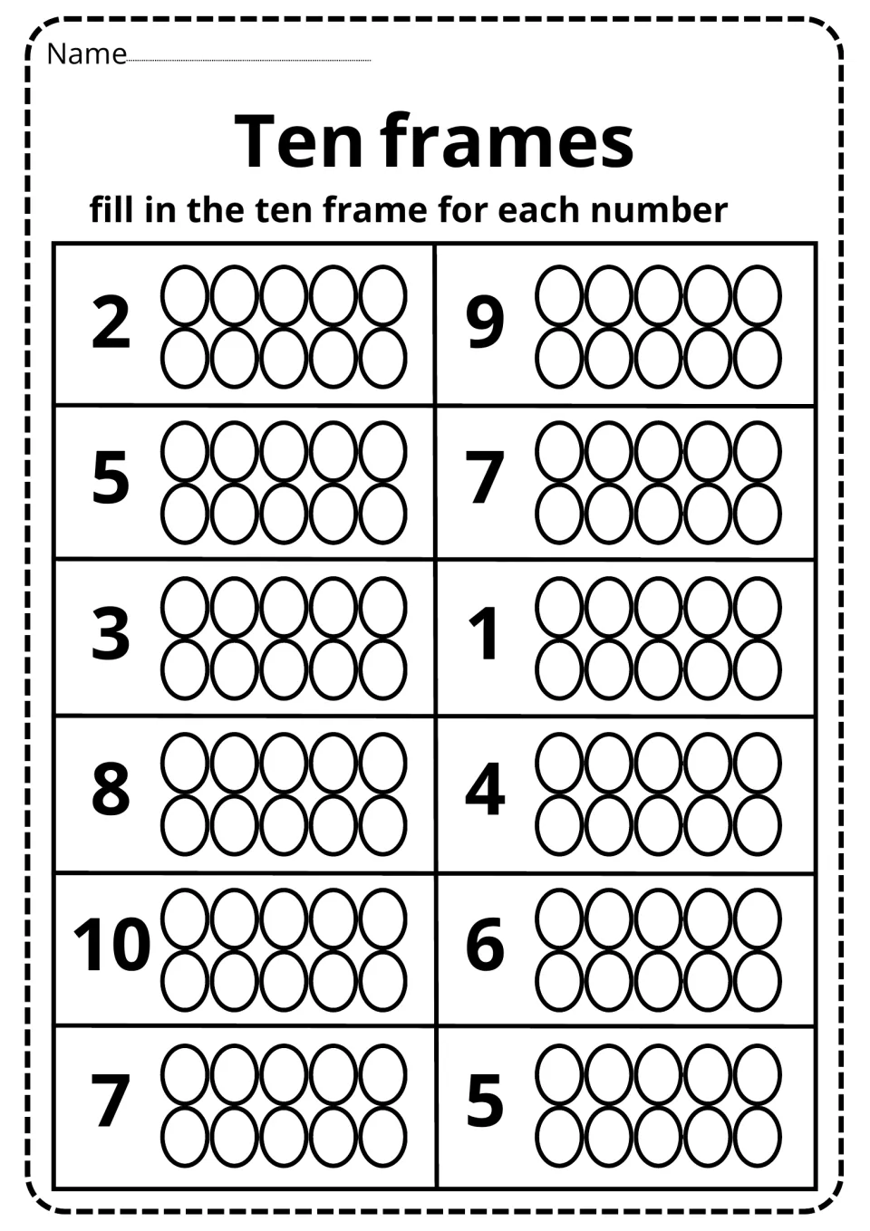 Ten frames to 10: students fill in the circles to model each number: 2, 9, 5, 7, 3, 1, 8, 4, 10, 6, 7 and 5