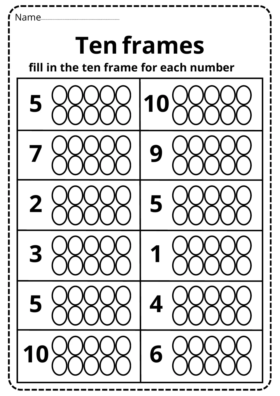 Ten frames to 10: students fill in the circles to model each number: 5, 10, 7, 9, 2, 5, 3, 1, 5, 4, 10 and 6