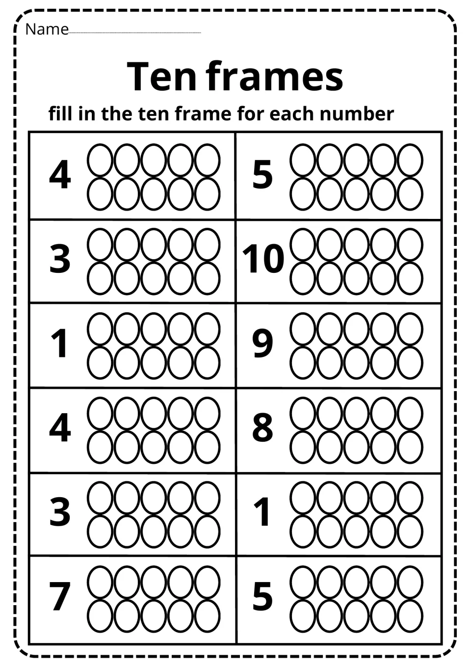 Ten frames to 10: students fill in the circles to model each number: 4, 5, 3, 10, 1, 9, 4, 8, 3, 1, 7 and 5