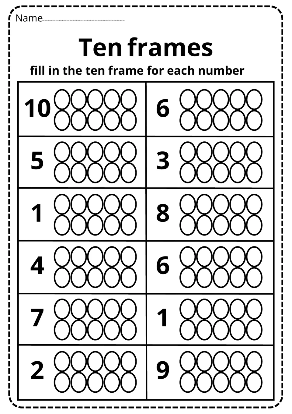 Ten frames to 10: students fill in the circles to model each number: 10, 6, 5, 3, 1, 8, 4, 6, 7, 1, 2 and 9