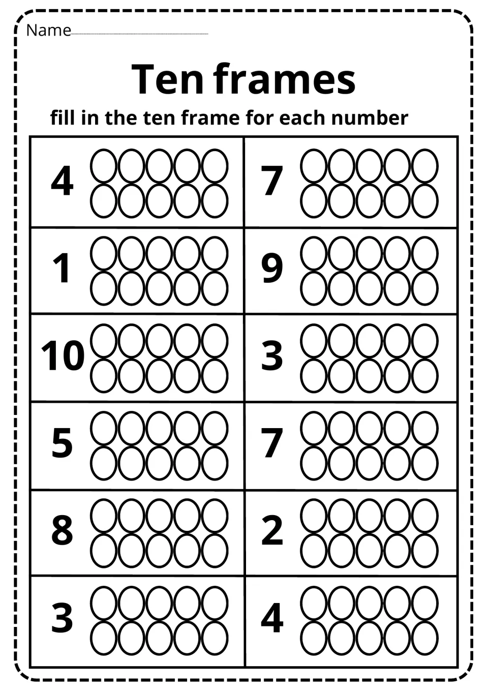 Ten frames to 10: students fill in the circles to model each number: 4, 7, 1, 9, 10, 3, 5, 7, 8, 2, 3 and 4