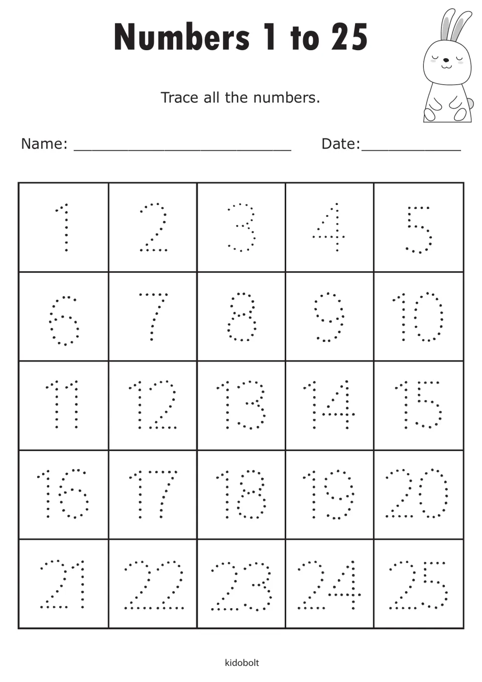 Numbers 1 to 25: students trace dotted numerals 1 through 25 in counting order to practise number formation