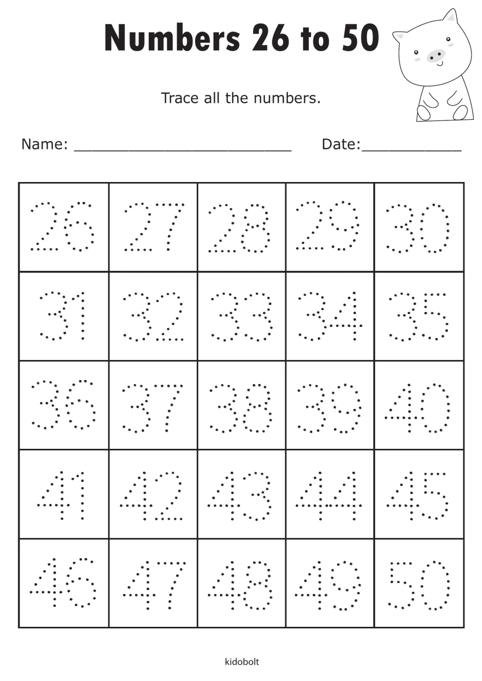 Numbers 26 to 50: students trace dotted two-digit numerals from 26 to 50 in order, practising writing numbers