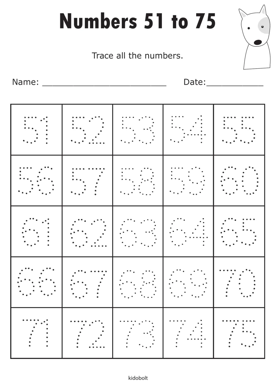 Numbers 51 to 75: students trace each dotted numeral from 51 to 75 in sequence to practise writing larger numbers