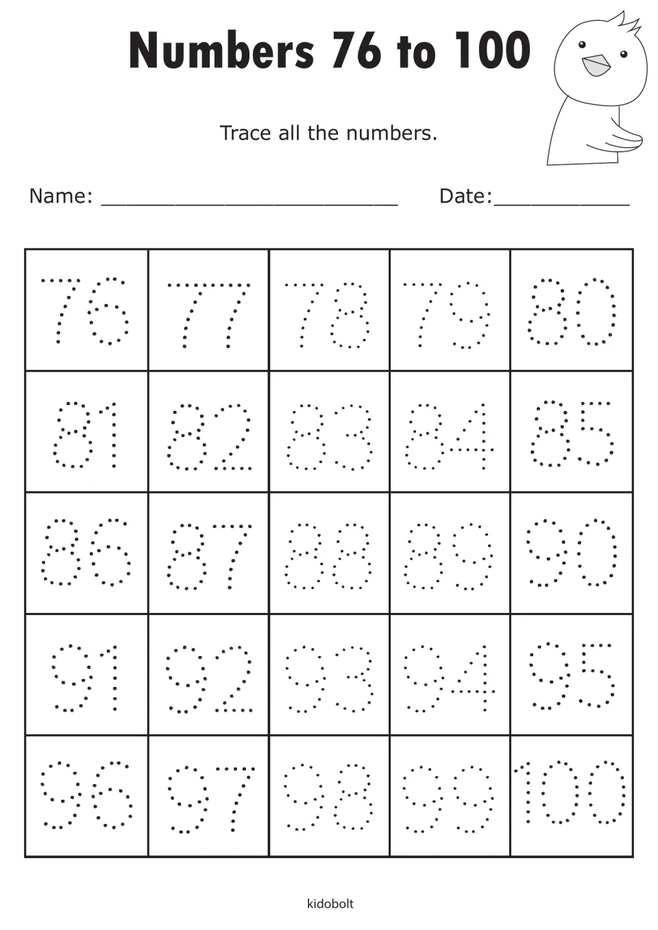 Numbers 76 to 100: students trace dotted numerals from 76 up to 100, finishing counting and writing to one hundred