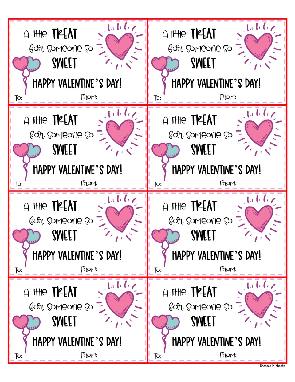 Treat tag cards reading A little treat for someone so sweet, Happy Valentine's Day! with heart balloons; 8 per sheet