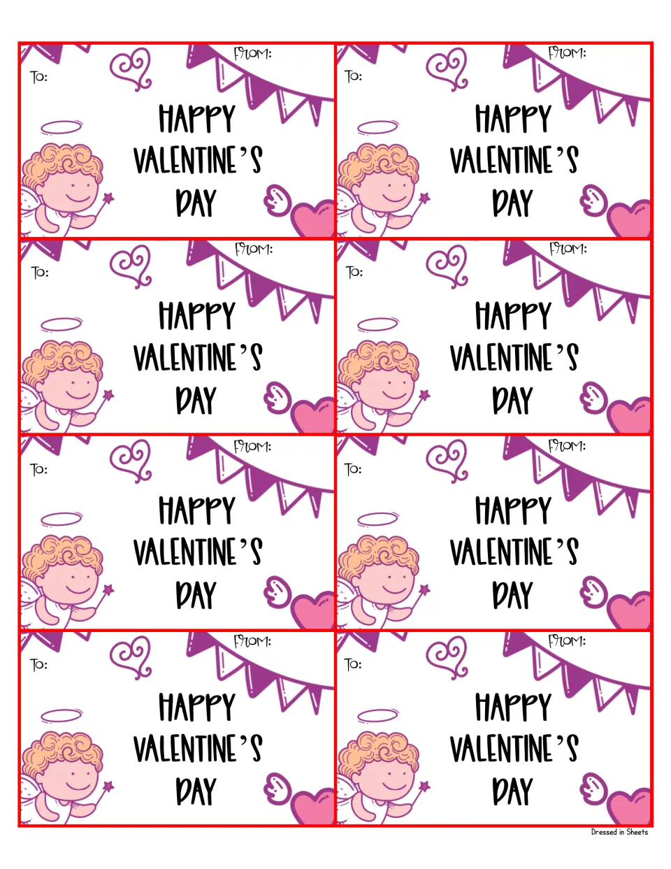 Cupid cards reading Happy Valentine's Day with a cupid, heart and pennant banner; students write To and From names