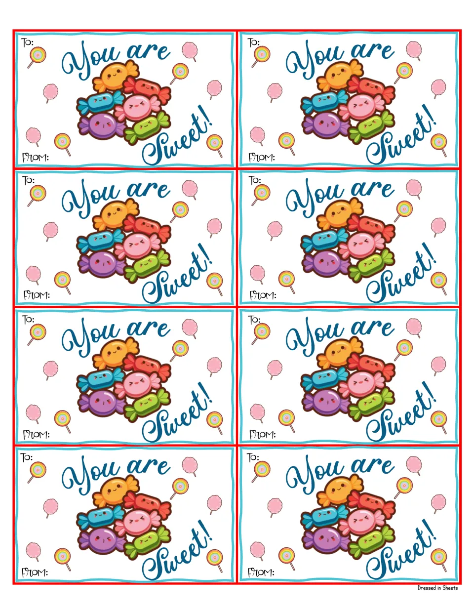 Candy cards reading You are Sweet! with smiling wrapped candies, lollipops and cotton candy; To and From on each card