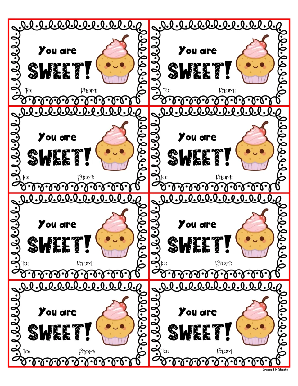 Cupcake cards reading You are SWEET! beside a smiling cherry-topped cupcake; children fill in To and From names