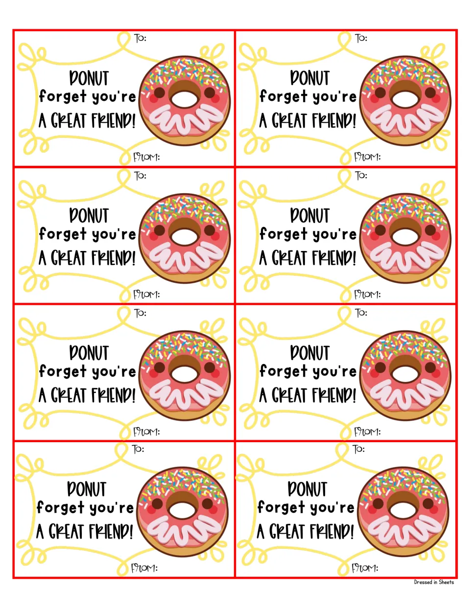 Donut pun cards reading DONUT forget you're a great friend! beside a sprinkled pink donut, with To and From spaces