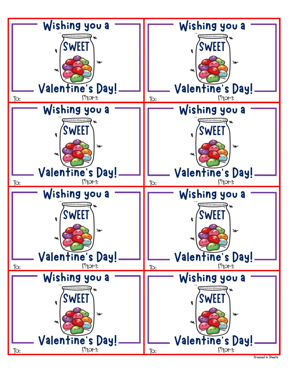 Jelly bean jar cards reading Wishing you a SWEET Valentine's Day! with a jar of smiling jelly beans; To and From lines