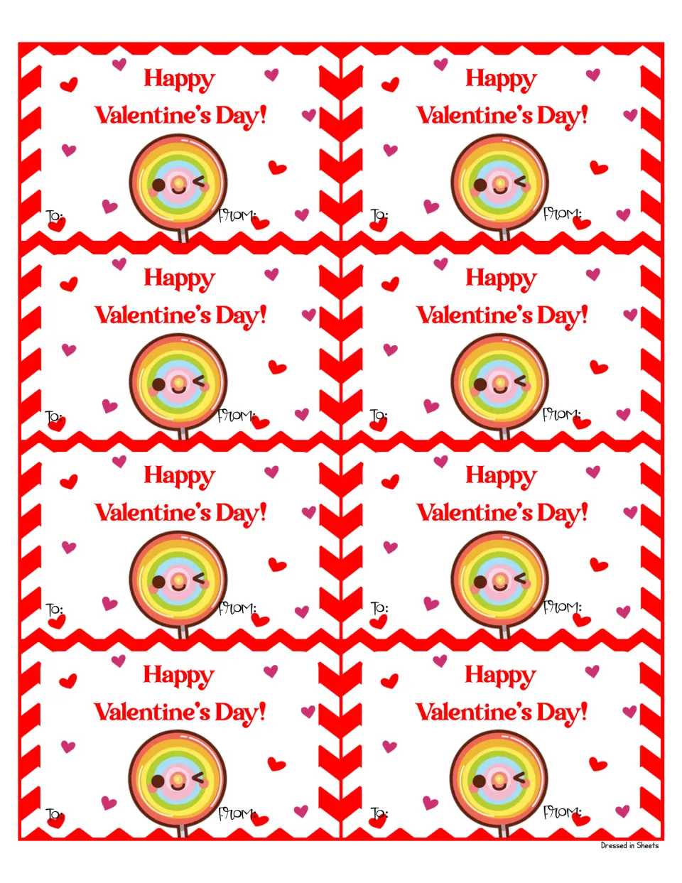 Lollipop cards reading Happy Valentine's Day! with a winking rainbow lollipop and scattered hearts; To and From spots