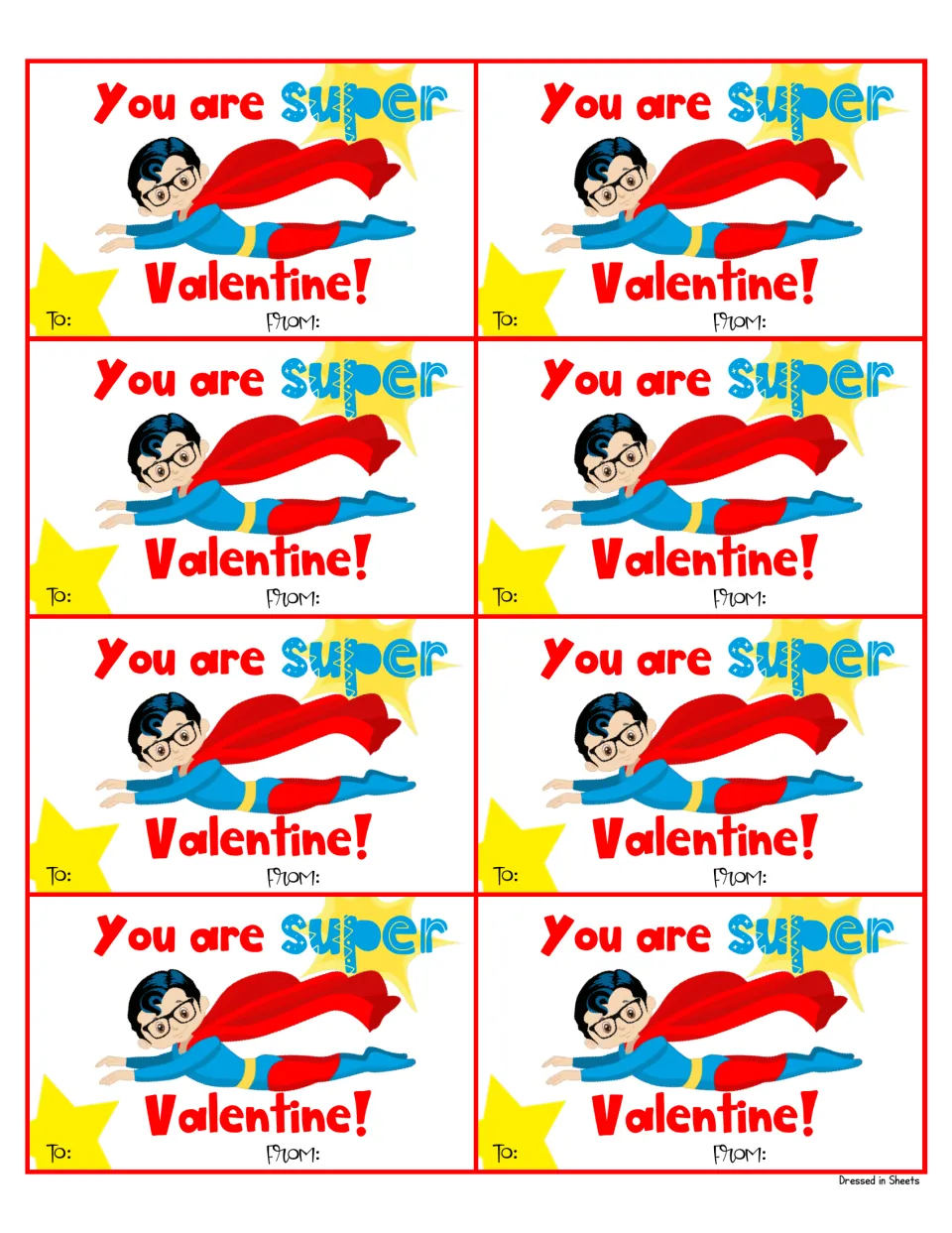 Superhero cards reading You are super Valentine! with a caped boy in glasses flying past a star; To and From to fill in