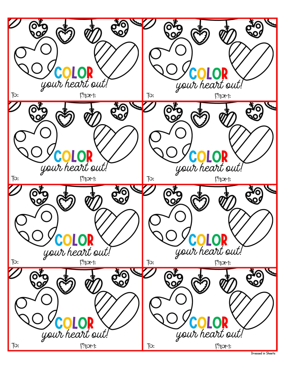 Coloring cards reading COLOR your heart out! with black-and-white patterned hearts for students to color and sign