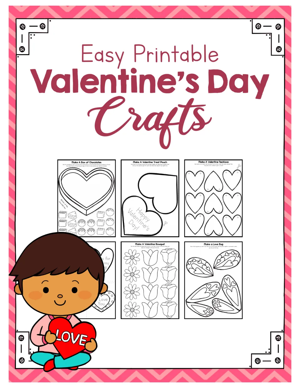 Craft packet cover showing chocolate box, treat pouch, heart necklace, valentine, bouquet, and love bug samples