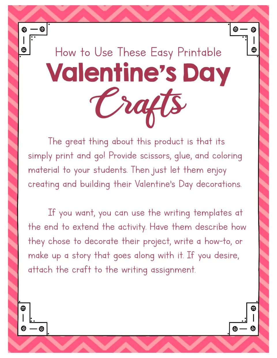 Craft packet directions for printing, supplying scissors, glue, and coloring materials, and extending with writing