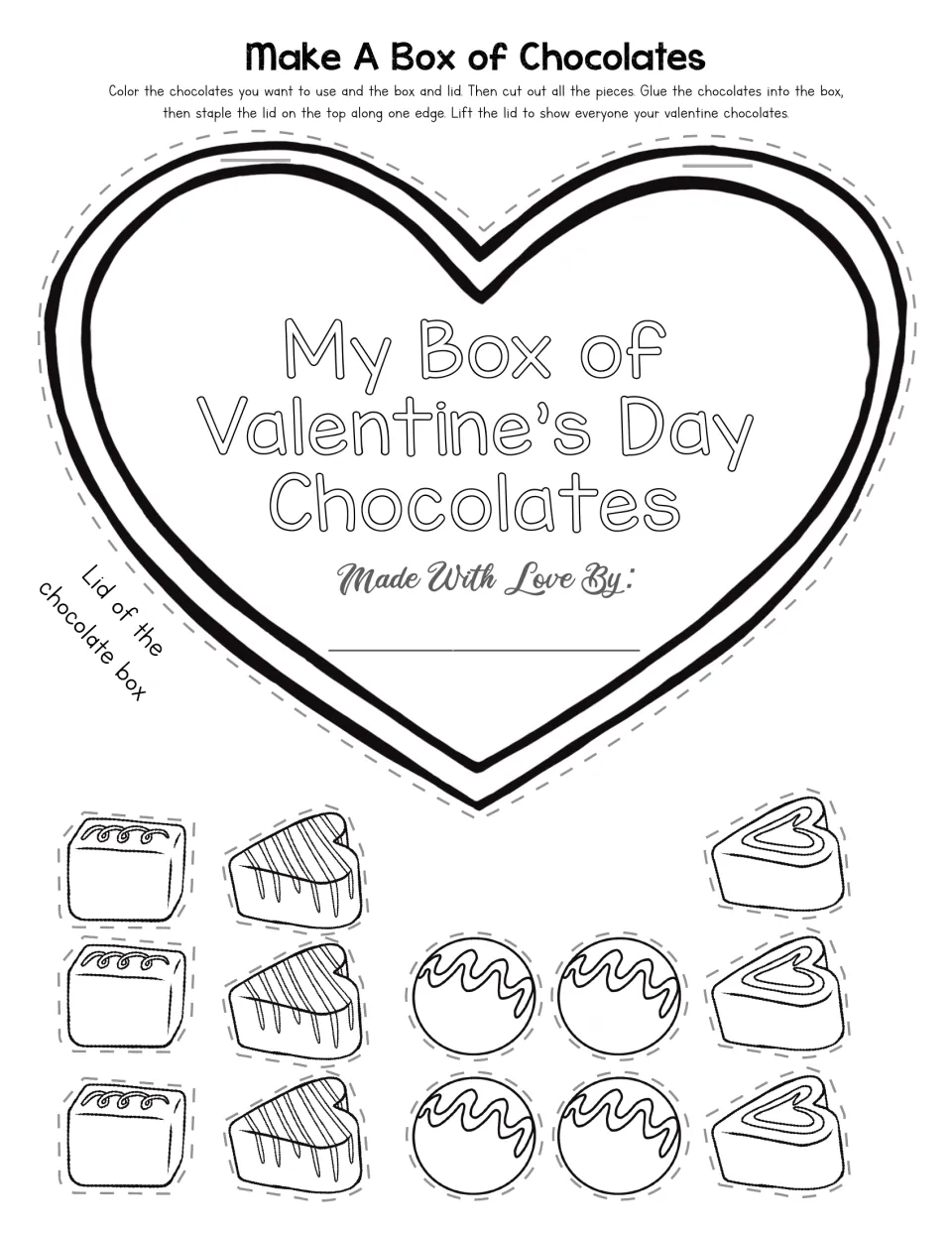 Chocolate box craft lid labeled 'My Box of Valentine's Day Chocolates' with a maker's name space and candy cutouts