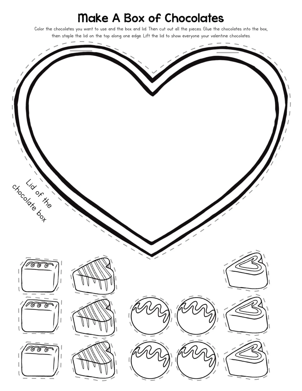 Chocolate box craft blank heart-shaped lid and candy cutouts to color, cut, and assemble with the box bottom