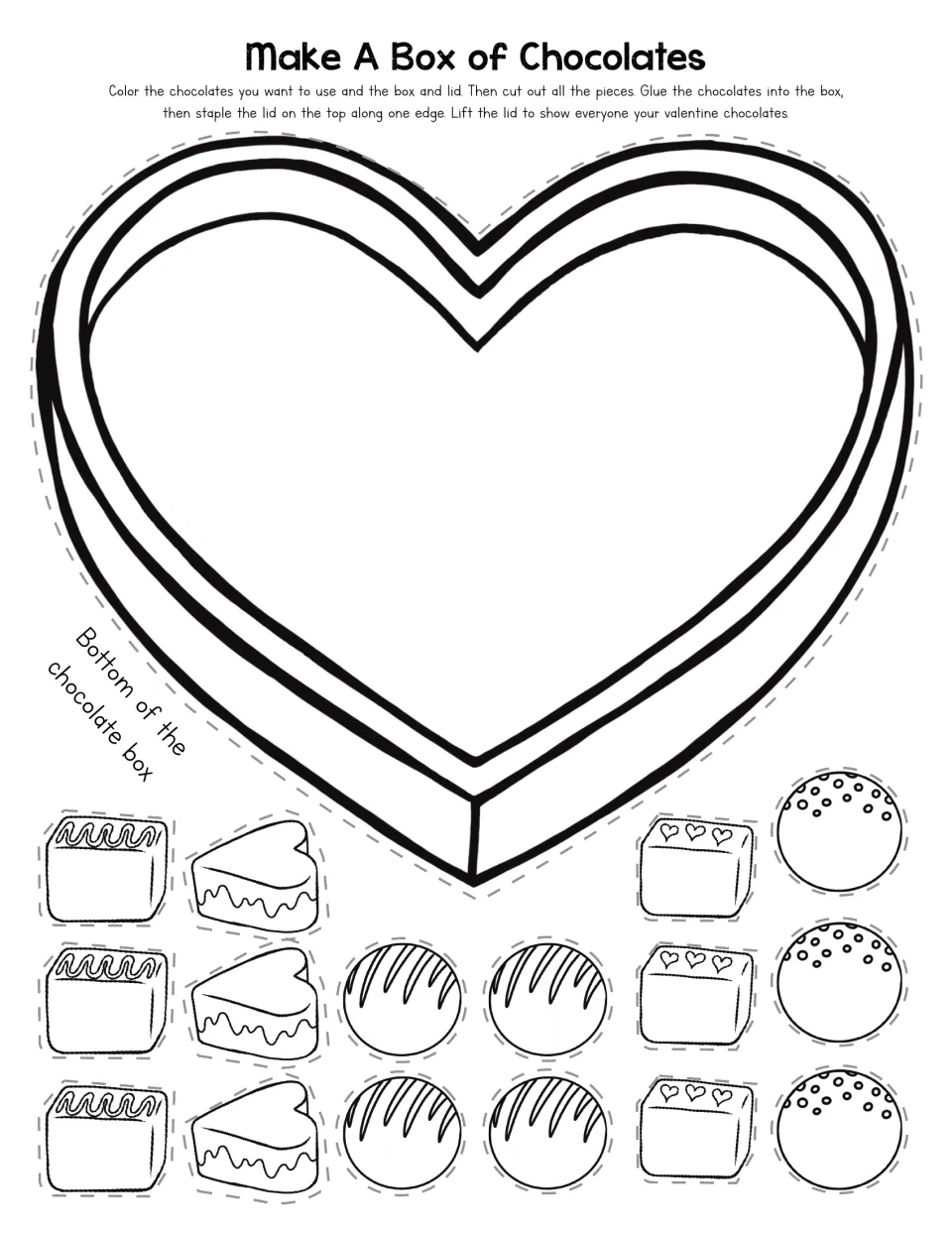 Chocolate box craft heart-shaped bottom and candy cutouts, with directions to glue candies inside and attach a lid