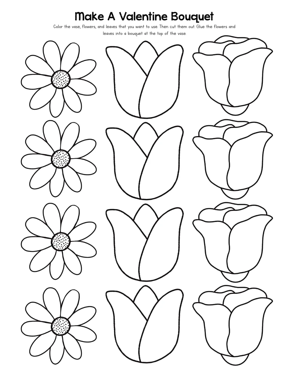 Valentine bouquet craft sheet of 12 flower cutouts: four daisies, four tulips, and four roses to color and cut