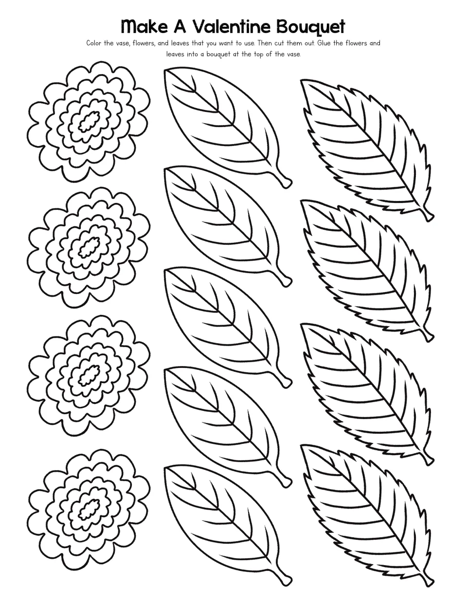Valentine bouquet craft sheet of four ruffled flowers and nine leaves to color, cut, and glue above the vase
