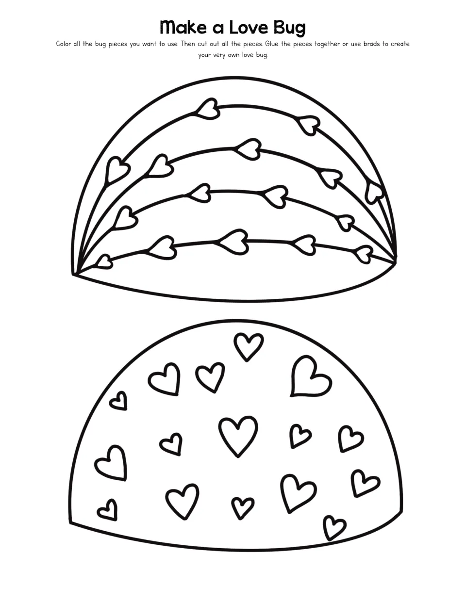 Love bug craft sheet with two rounded pieces decorated with hearts to color, cut, and join using glue or brads