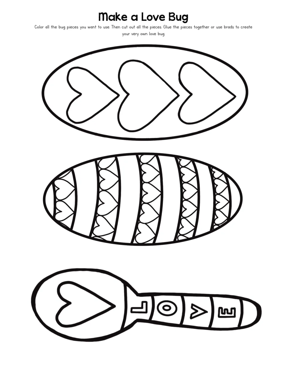 Love bug craft sheet with two oval heart-patterned pieces and one long piece spelling 'LOVE' to color and cut