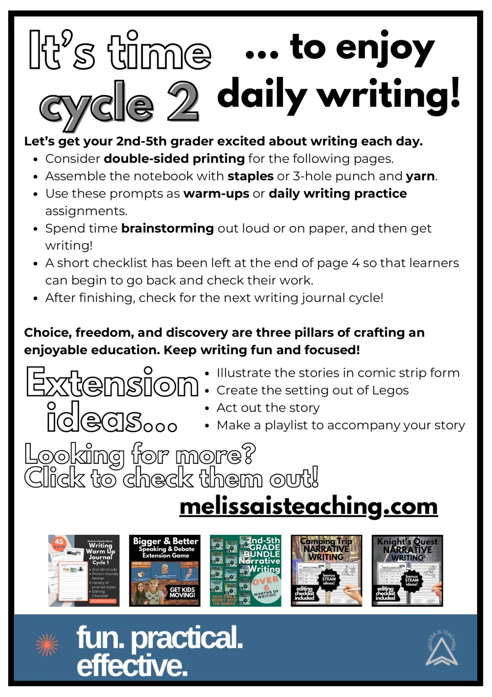 Teacher notes for daily writing cycle 2: printing and assembly tips, brainstorming advice and four extension ideas