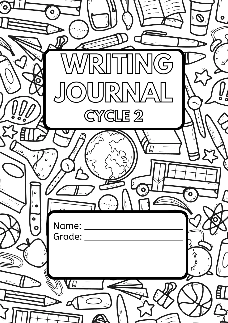 Writing Journal Cycle 2 cover with Name and Grade fields on a doodle background of school supplies, globe and school bus