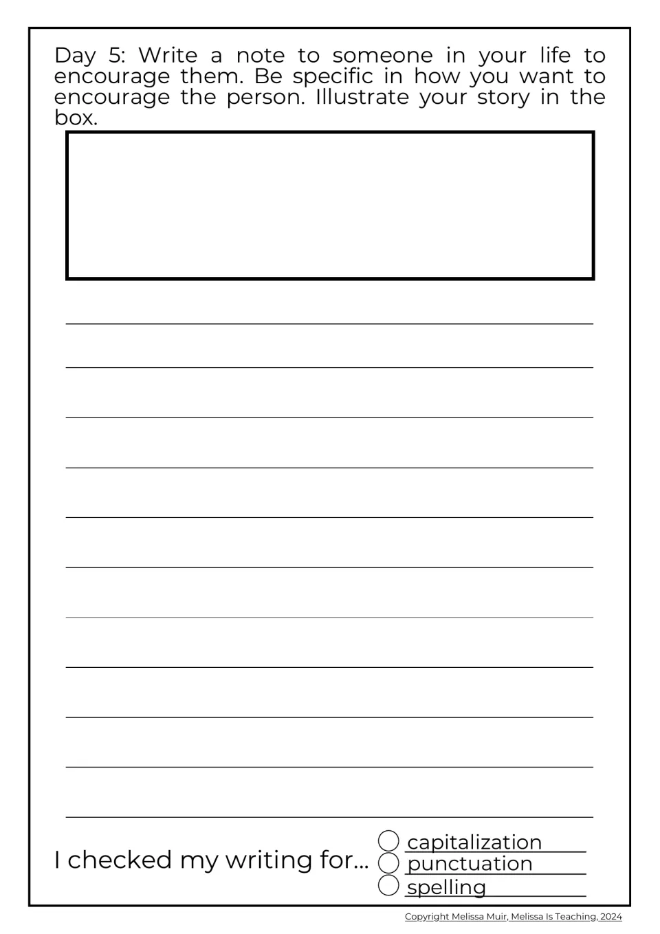 Day 5 prompt: students write an encouraging note to someone in their life, being specific, and illustrate it