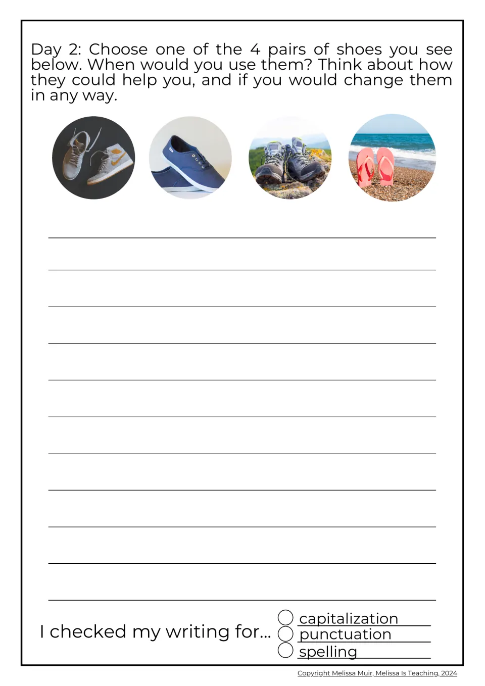 Day 2 shoe prompt: students choose sneakers, canvas shoes, hiking boots or flip-flops and tell when they'd wear them