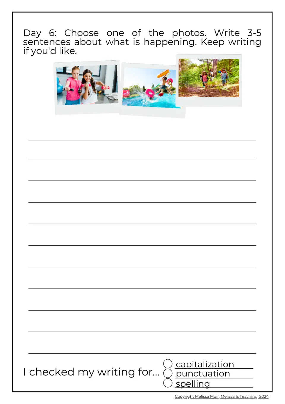 Day 6 photo prompt: students pick girls exercising, a pool splash or a forest hike and write 3-5 sentences