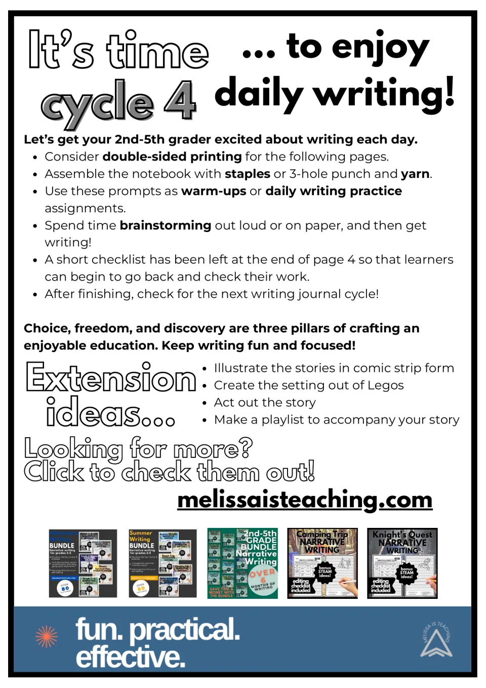 Cycle 4 daily writing teacher notes: printing and assembly tips, brainstorming advice and story extension ideas