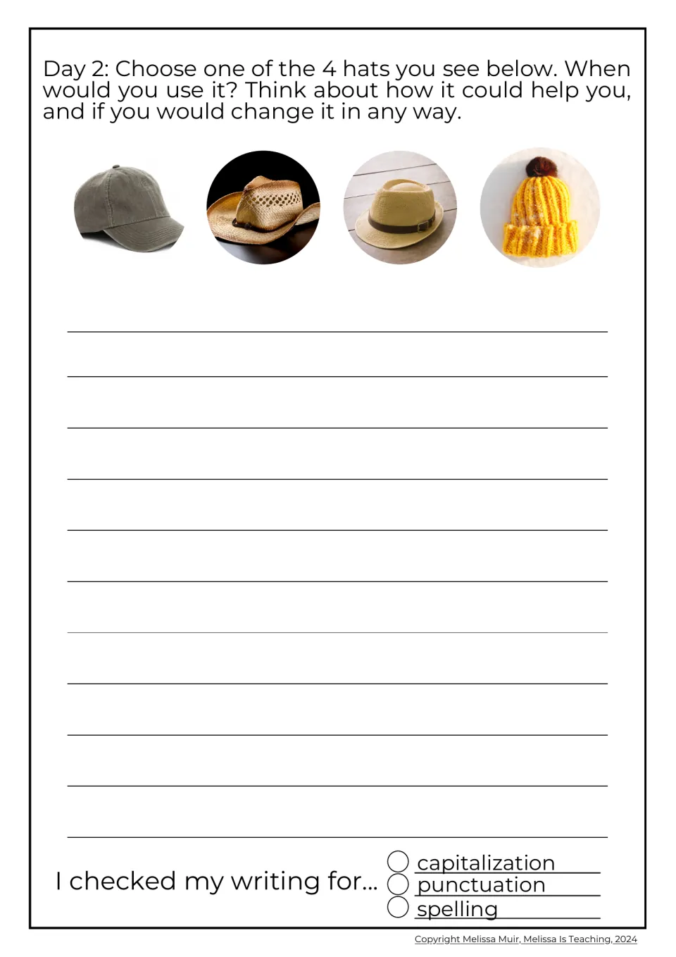 Day 2 hat prompt: students choose a cap, cowboy hat, fedora or beanie and explain when they'd use it and what to change