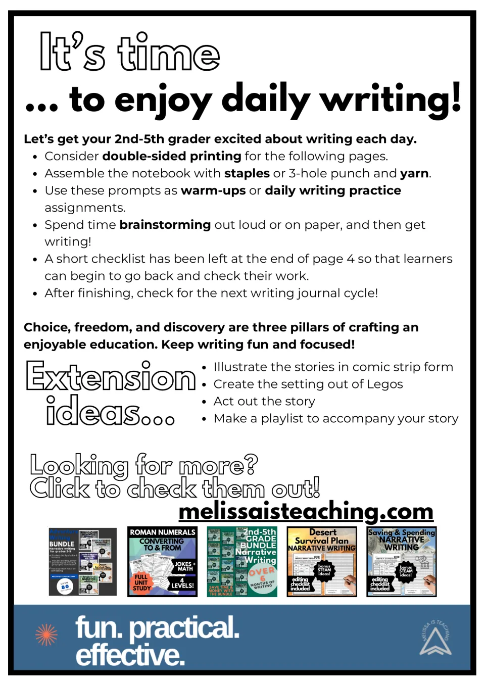 Teacher notes for daily writing: print double-sided, staple or bind, brainstorm first; extension ideas like comic strips