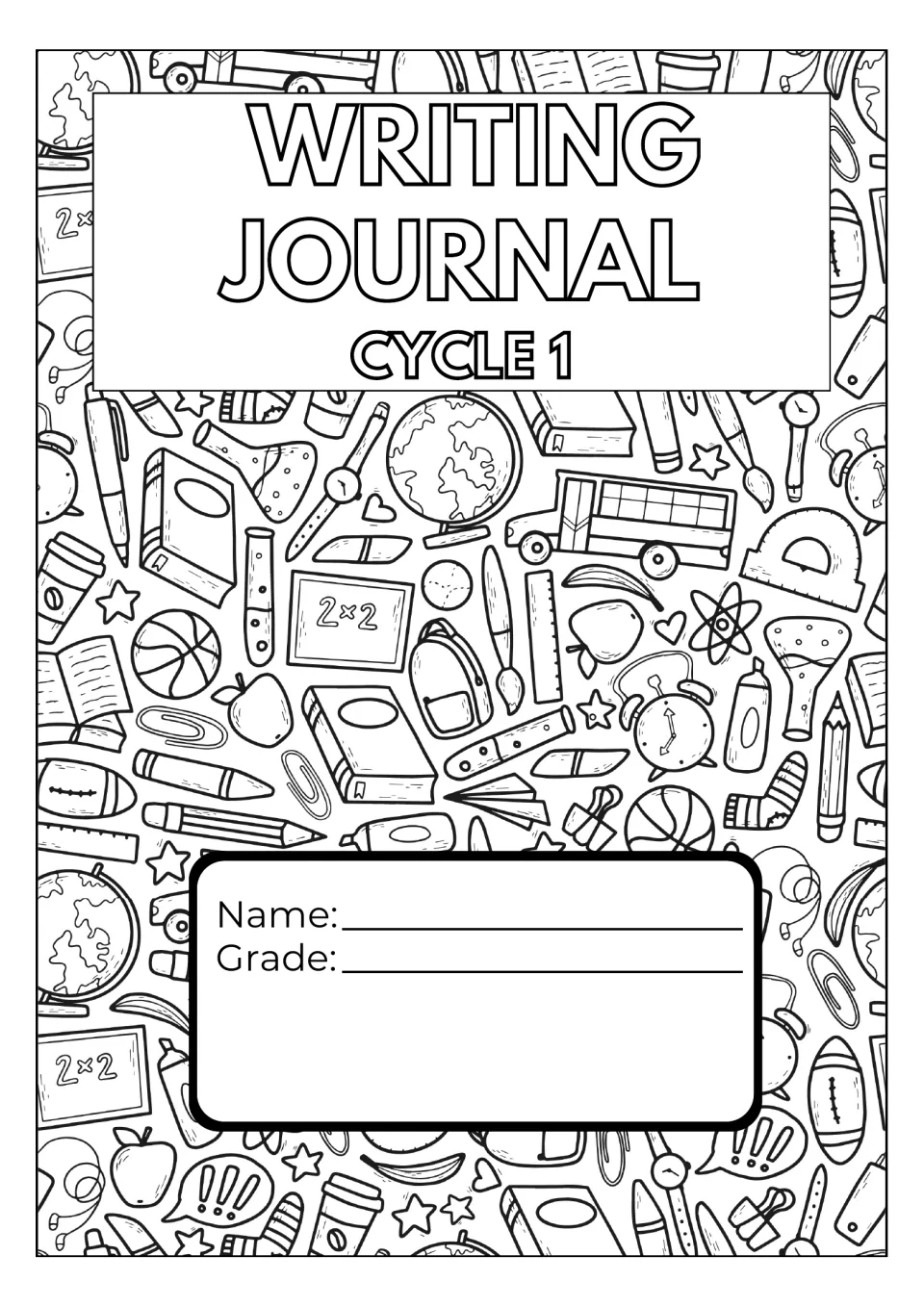 Writing Journal Cycle 1 cover: black-and-white school-supply doodles around spaces for the student's name and grade