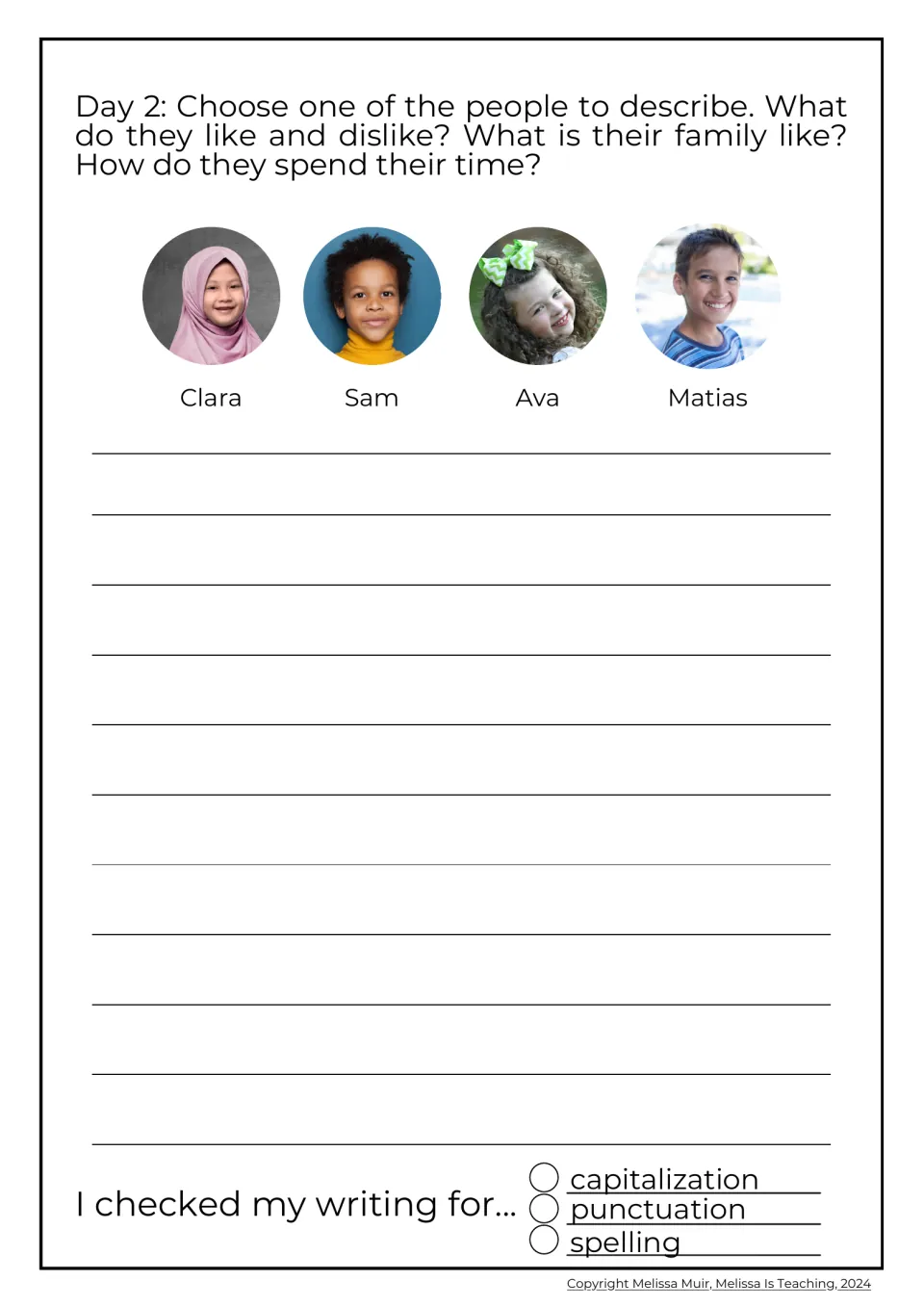 Day 2 character description: students pick Clara, Sam, Ava or Matias and tell their likes, dislikes, family and free time
