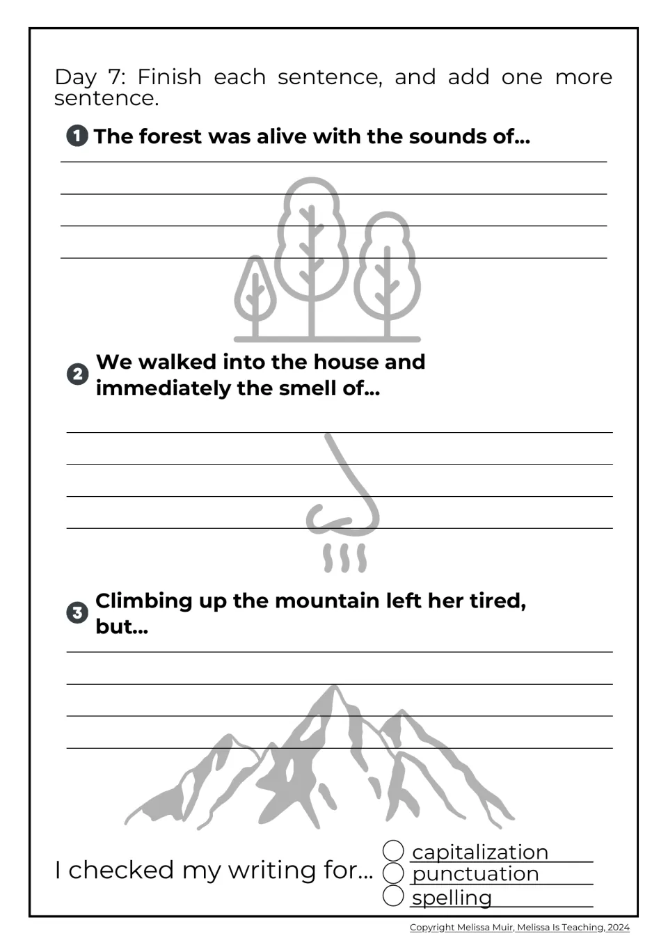 Day 7 sentence starters: students finish lines about forest sounds, a smell in a house and a tiring mountain climb