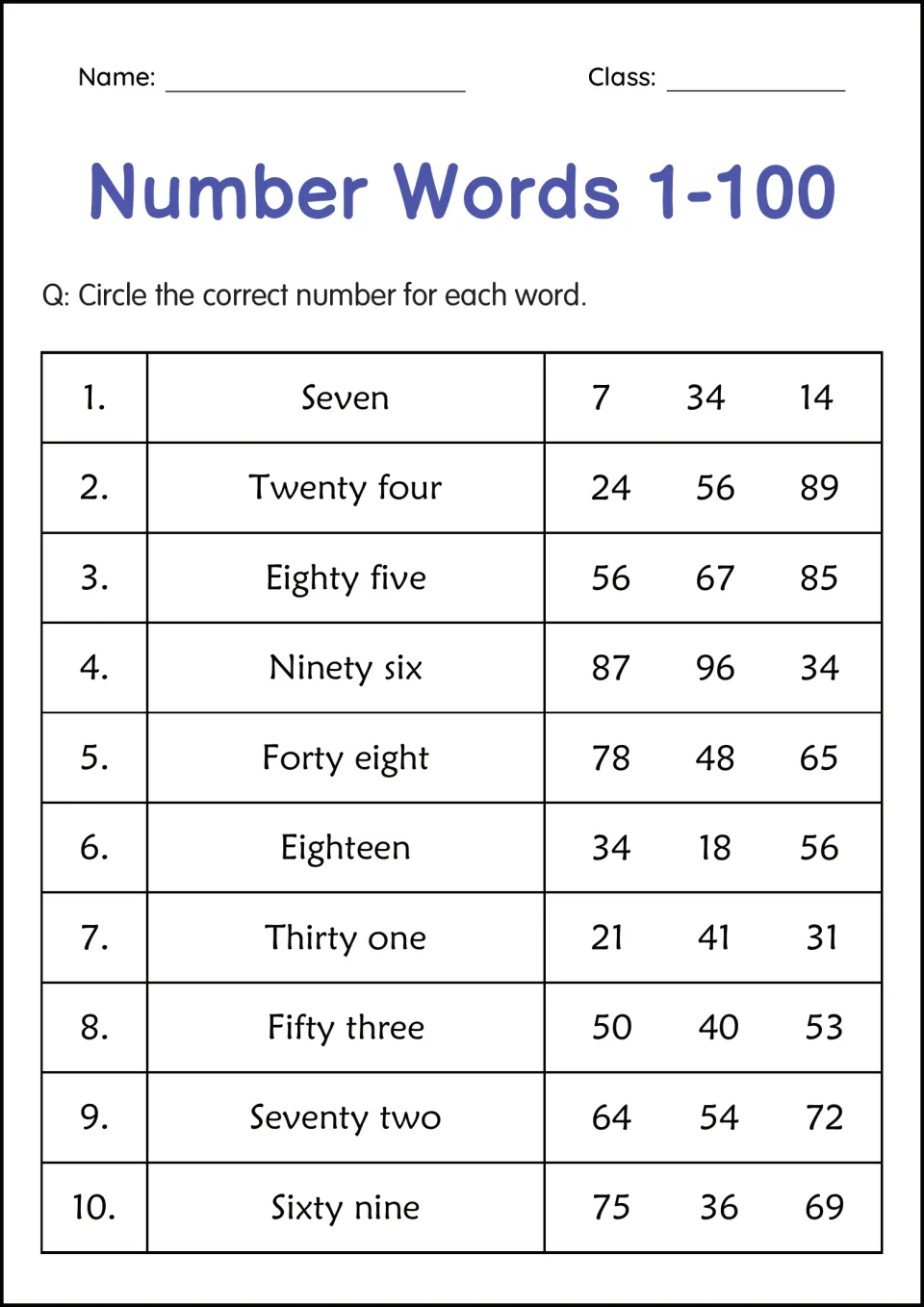 Number-word matching practice 1: circle numerals for seven, twenty-four, eighty-five and seven more words.