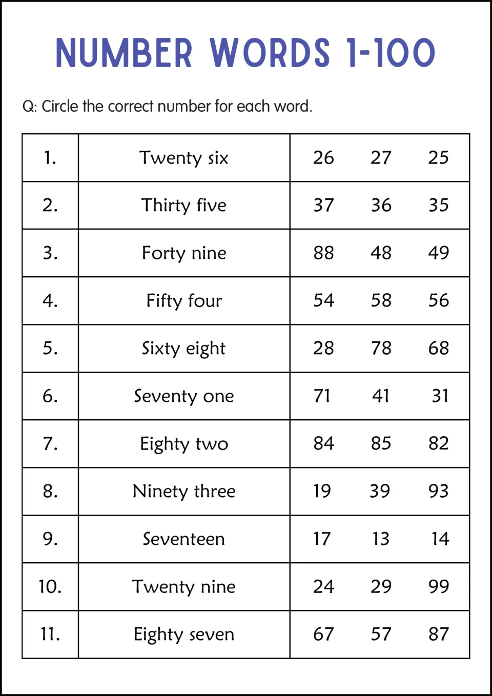 Number-word matching practice 4: circle numerals for twenty-six, thirty-five, forty-nine and eight more.