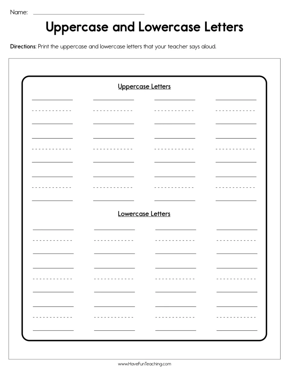 Uppercase and lowercase letters dictation: students print 12 capital and 12 small letters that the teacher says aloud