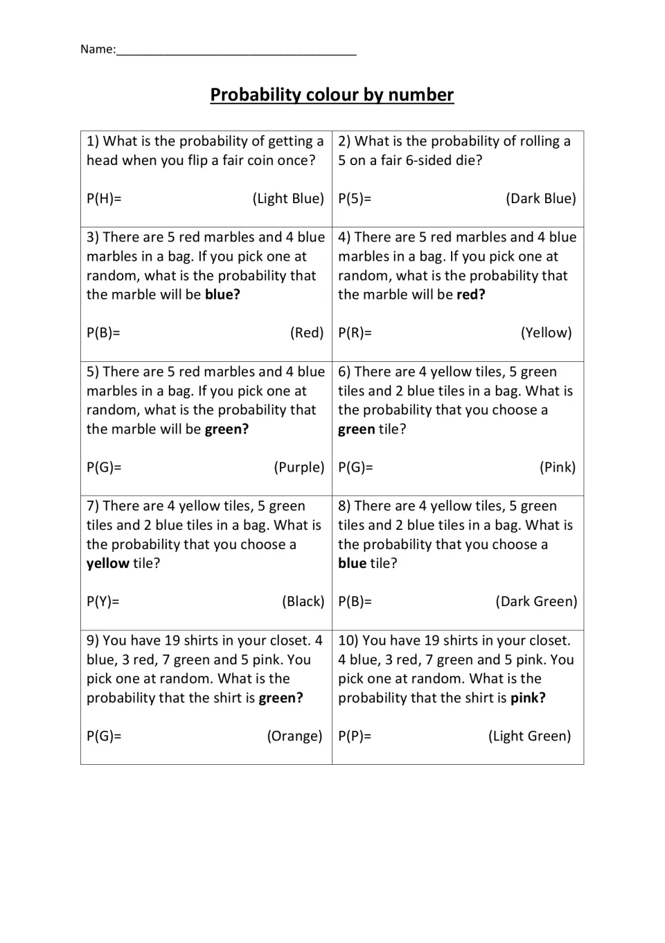 Simple probability: students write 10 fractions for coin, die, marble, tile and shirt questions, each matched to a colour