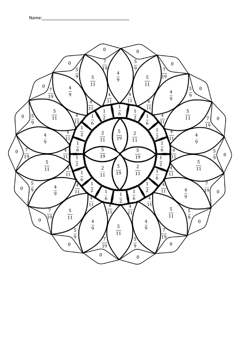 Mandala colouring page: students shade each section labelled with a probability answer such as 1/2, 4/9, 5/11 or 0