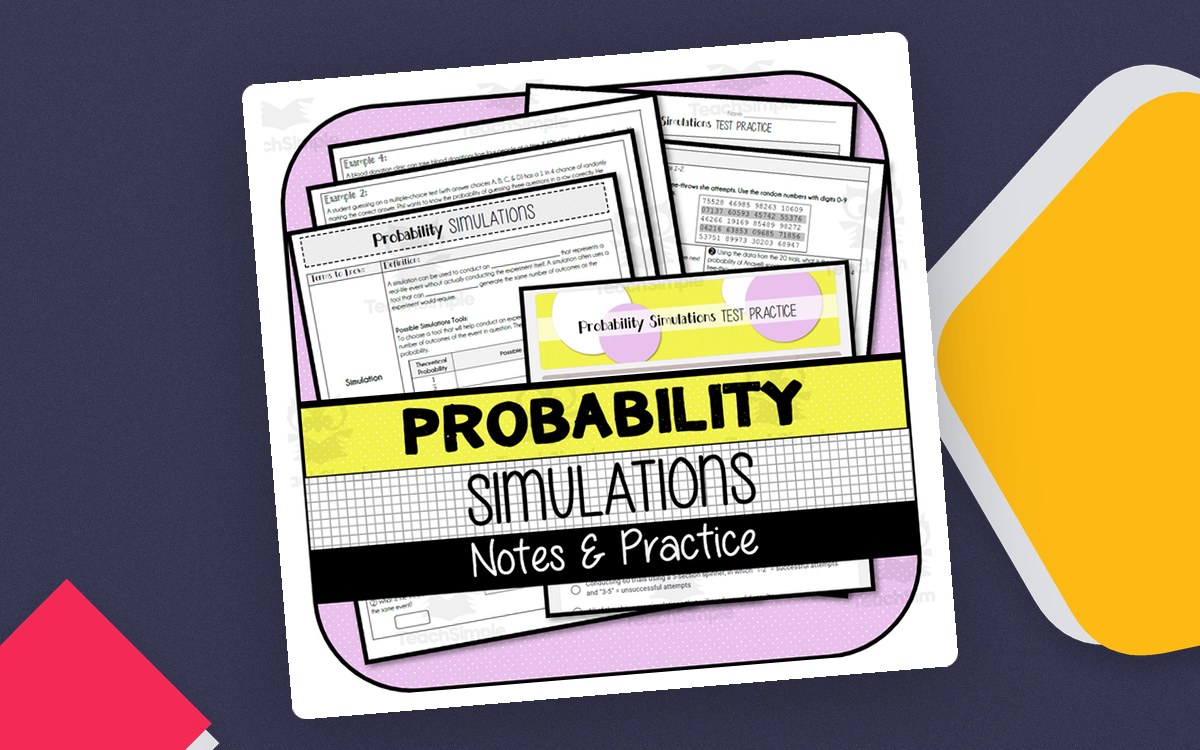 Probability Simulations Notes and Practice cover with layered worksheet and test-practice page previews.