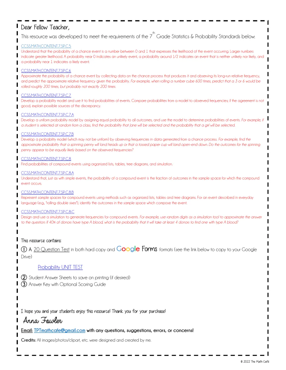 Teacher letter introducing the probability test and listing what's included: the test, answer sheets and answer key